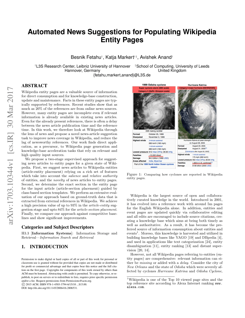 Pdf Automated News Suggestions For Populating Wikipedia Entity Pages