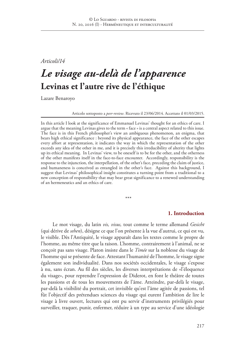 Pdf Le Visage Au Dela De L Apparence Levinas Et L Autre Rive De L Ethique