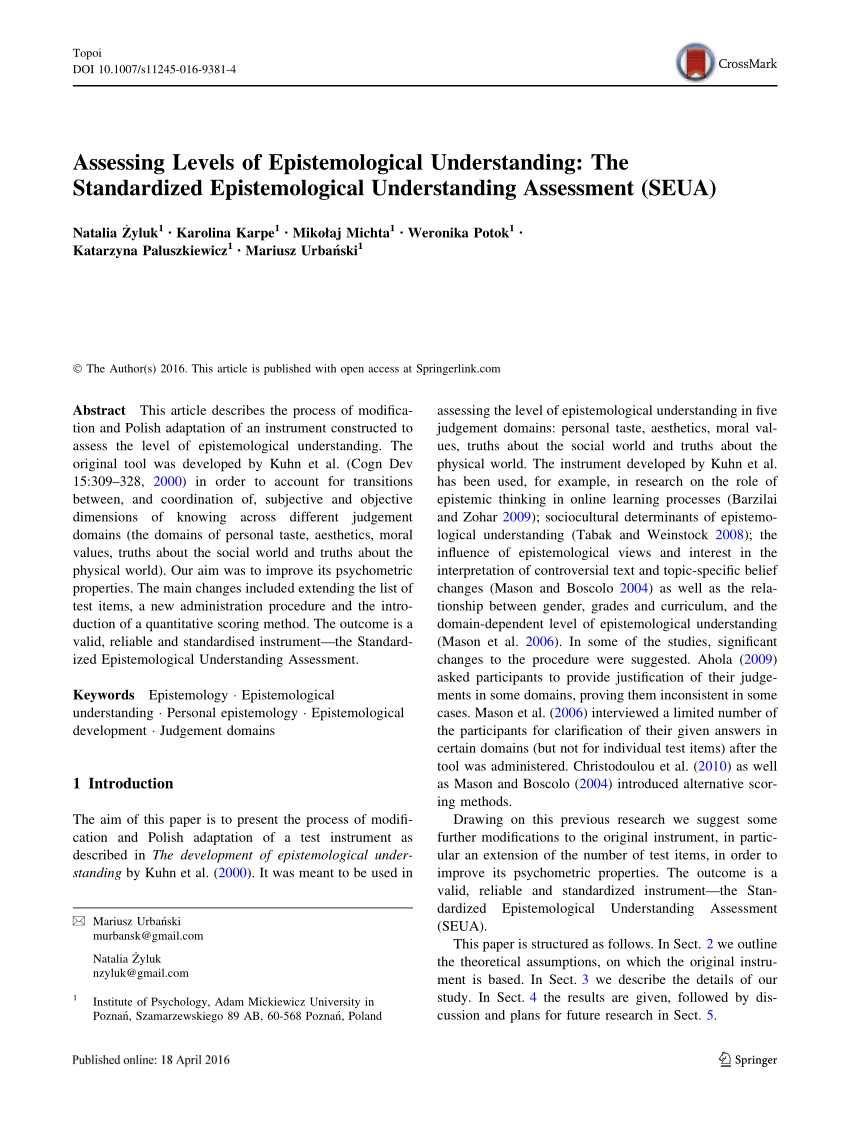 PDF) Assessing Levels of Epistemological Understanding: The ...