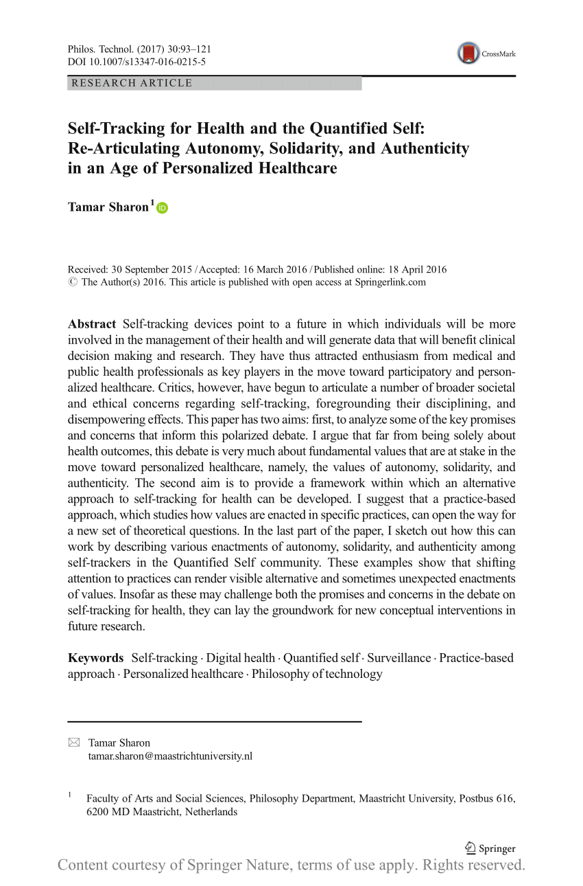 Pdf Self-tracking For Health And The Quantified Self Re-articulating Autonomy Solidarity And Authenticity In An Age Of Personalized Healthcare