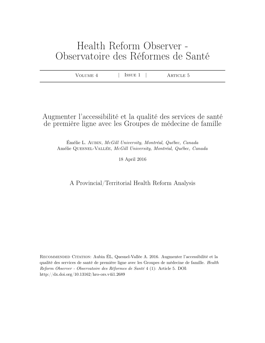 Pdf Augmenter L Accessibilite Et La Qualite Des Services De Sante De Premiere Ligne Avec Les Groupes De Medecine De Famille