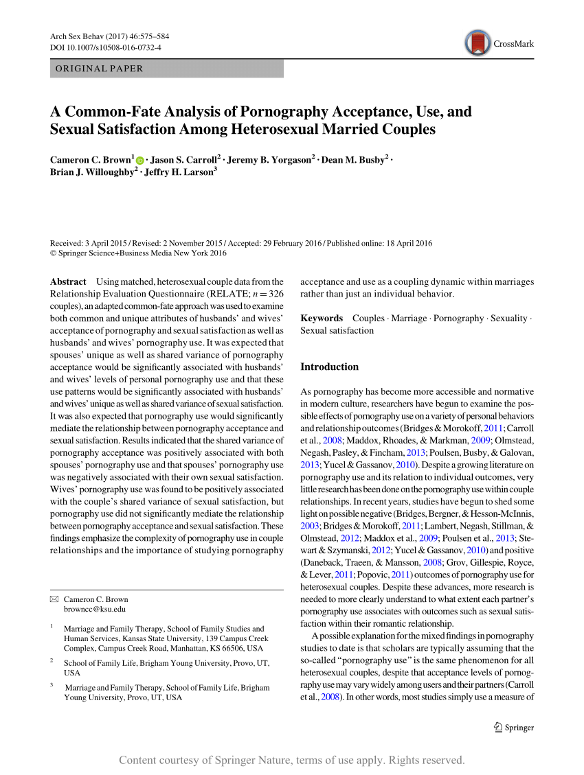A Common-Fate Analysis of Pornography Acceptance, Use, and Sexual Satisfaction Among Heterosexual Married Couples Request