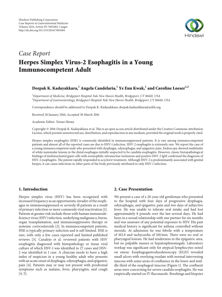 Pdf Herpes Simplex Esophagitis In Immunocompetent Host A Case Report