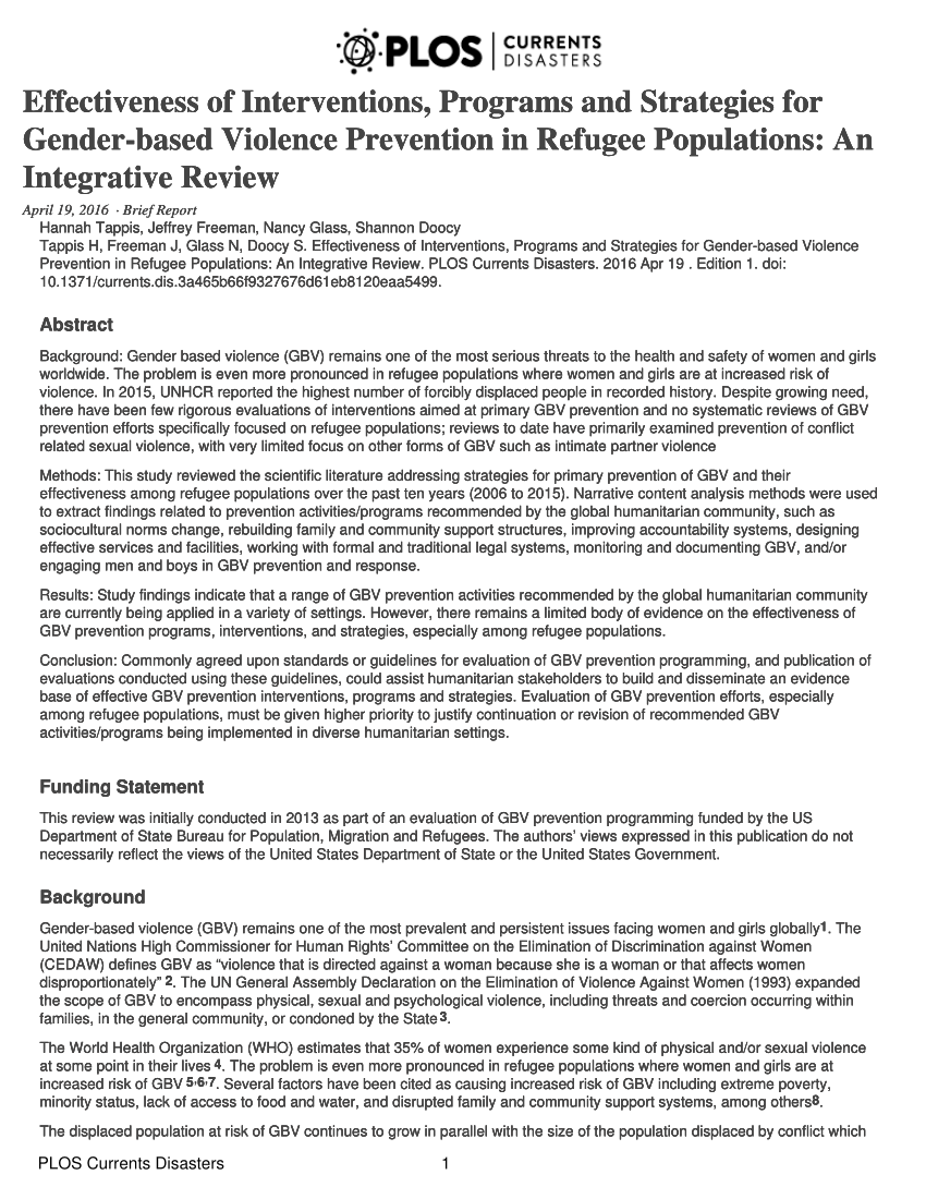 Pdf Effectiveness Of Interventions Programs And Strategies For Gender Based Violence Prevention In Refugee Populations An Integrative Review