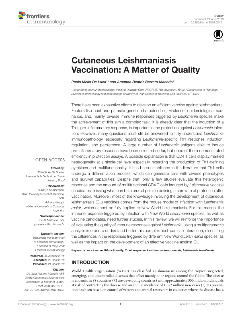 Pdf Cutaneous Leishmaniasis Vaccination A Matter Of Quality