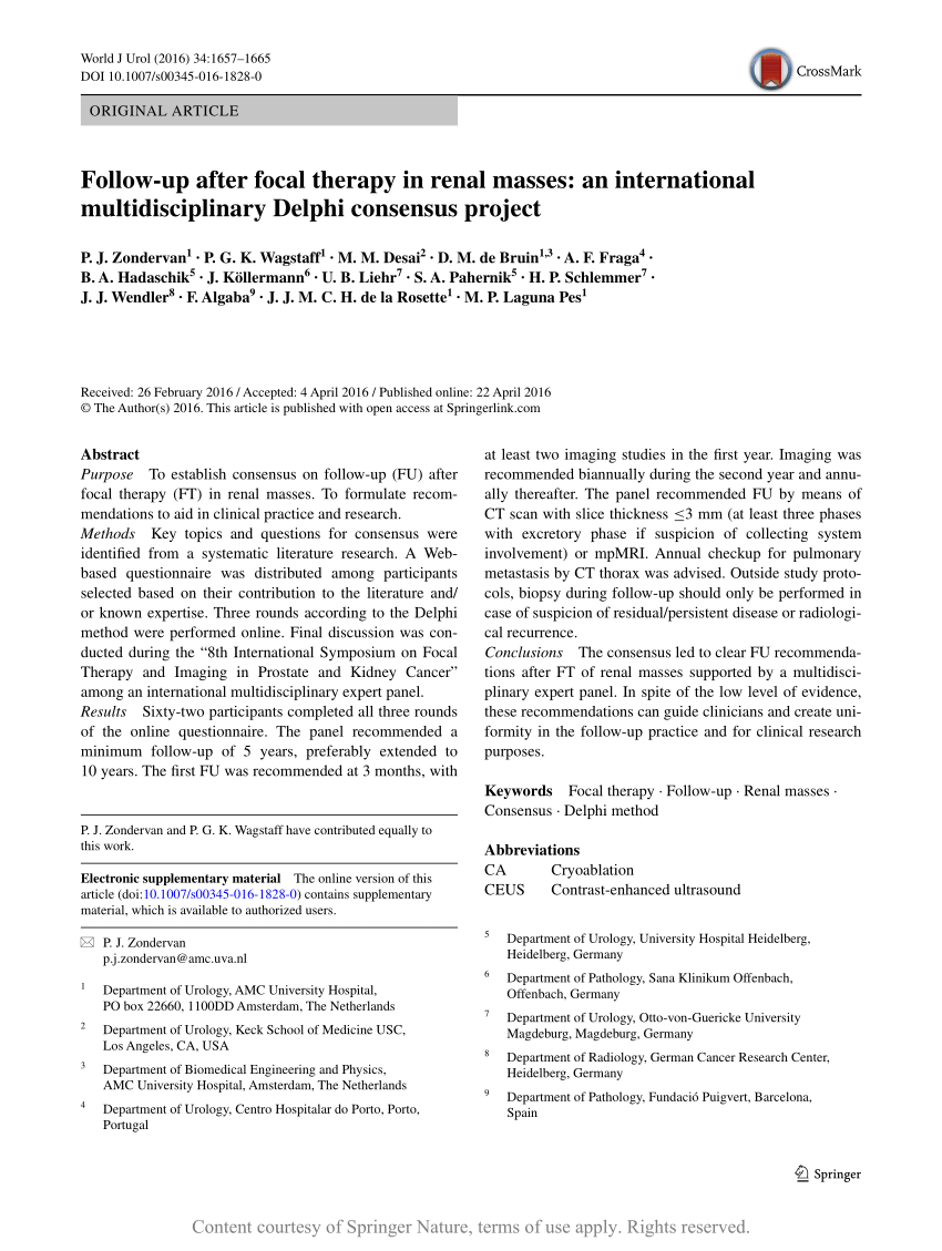 Pdf Follow Up After Focal Therapy In Renal Masses An International Multidisciplinary Delphi Consensus Project