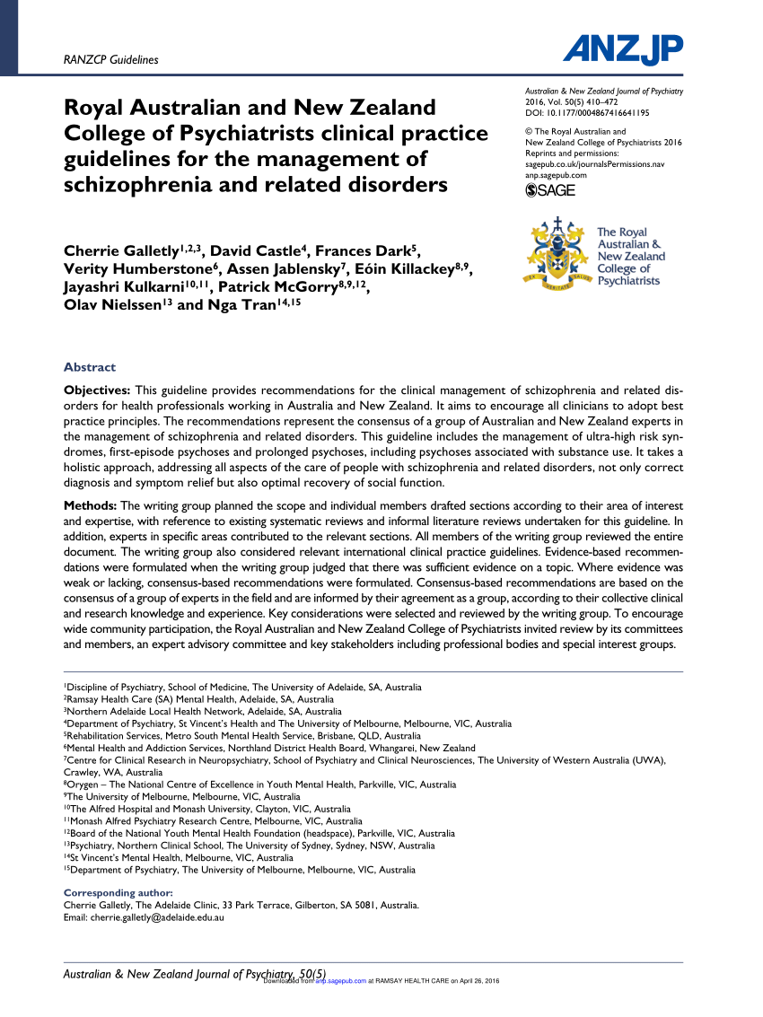 Pdf Royal Australian And New Zealand College Of Psychiatrists Clinical Practice Guidelines For The Management Of Schizophrenia And Related Disorders
