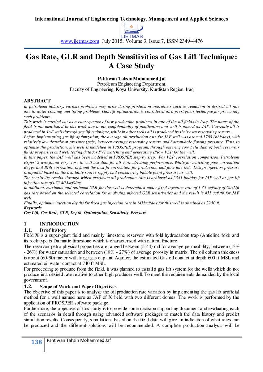 Pdf Gas Rate Glr And Depth Sensitivities Of Gas Lift Technique A Case Study