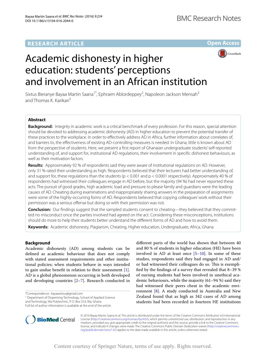 Pdf Academic Dishonesty In Higher Education Students Perceptions And Involvement In An African Institution