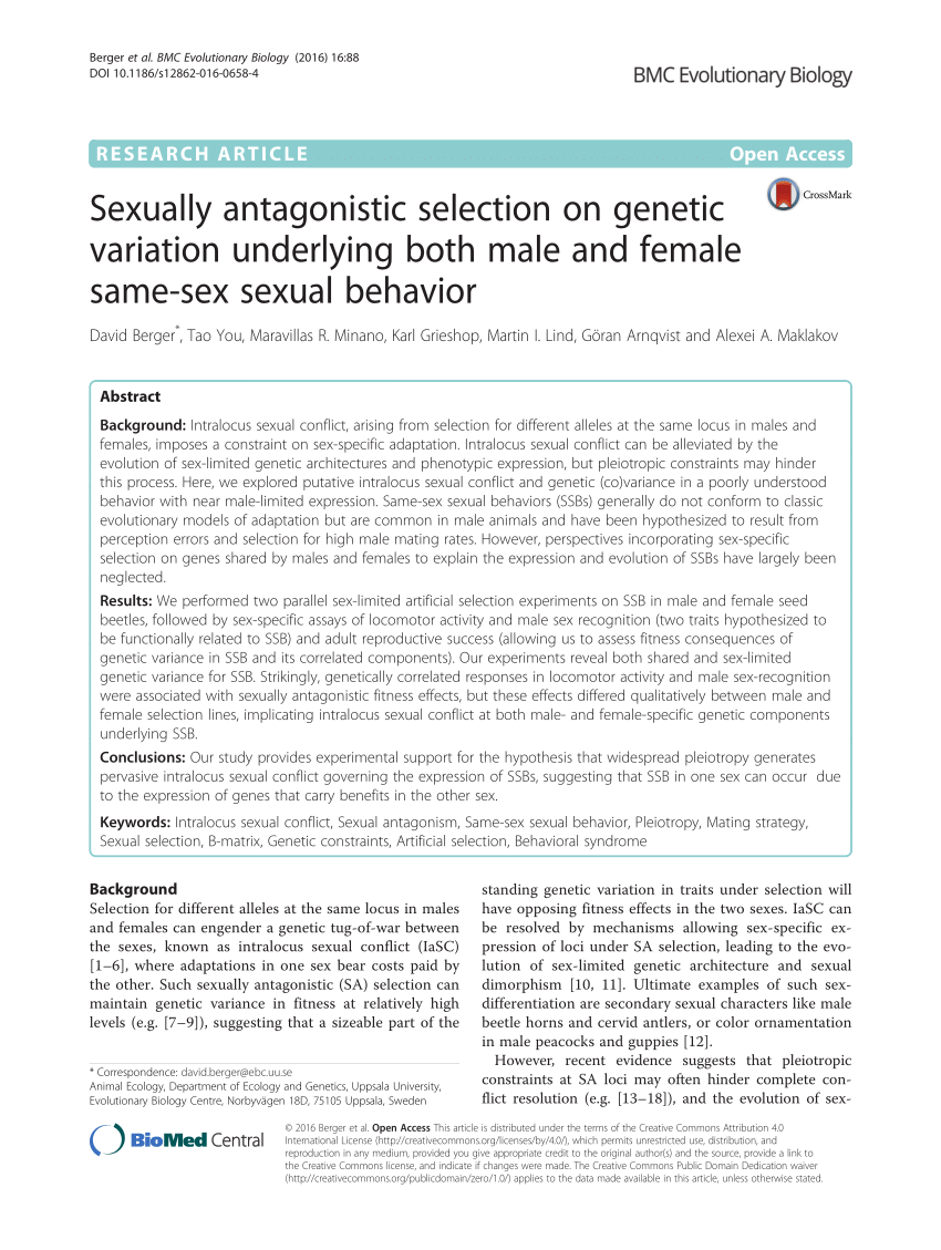 Pdf Sexually Antagonistic Selection On Genetic Variation Underlying Both Male And Female Same 3860