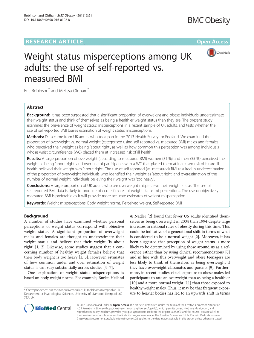 Pdf Weight Status Misperceptions Among Uk Adults The Use Of Self Reported Vs Measured Bmi