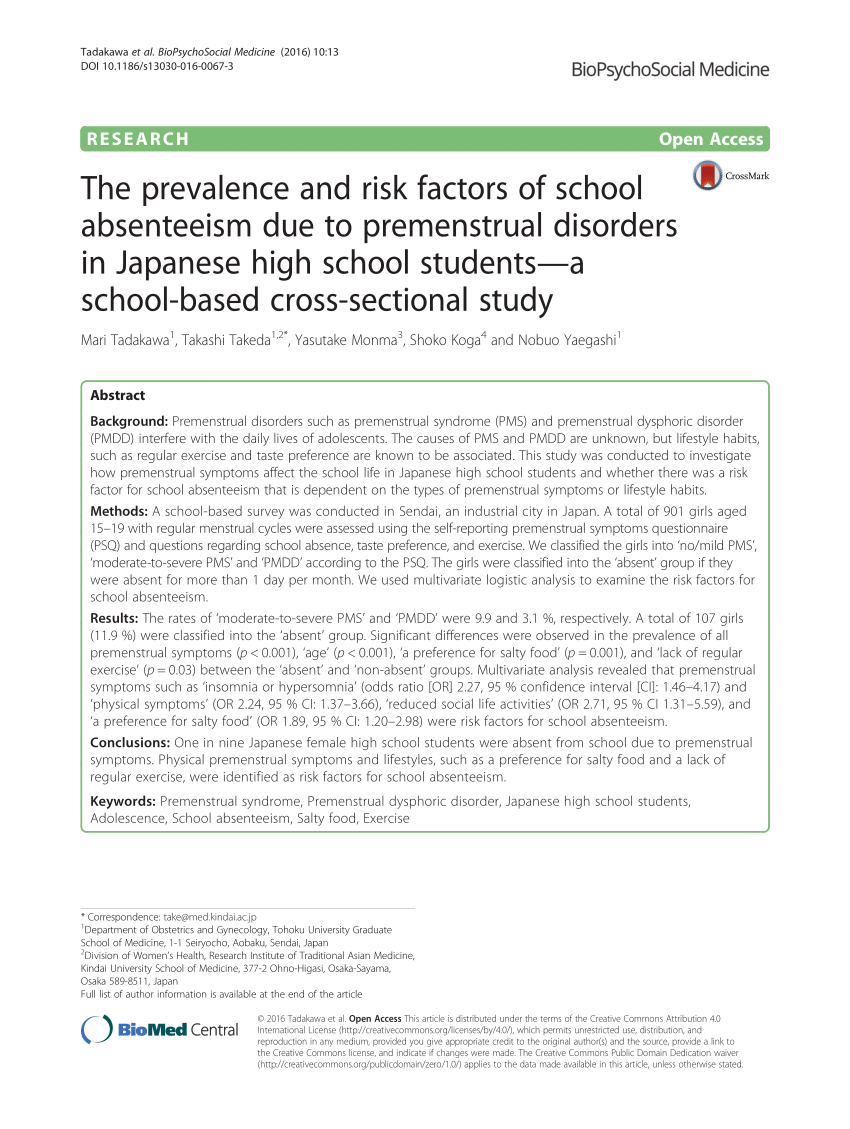 Pdf The Prevalence And Risk Factors Of School Absenteeism Due To Premenstrual Disorders In Japanese High School Students A School Based Cross Sectional Study