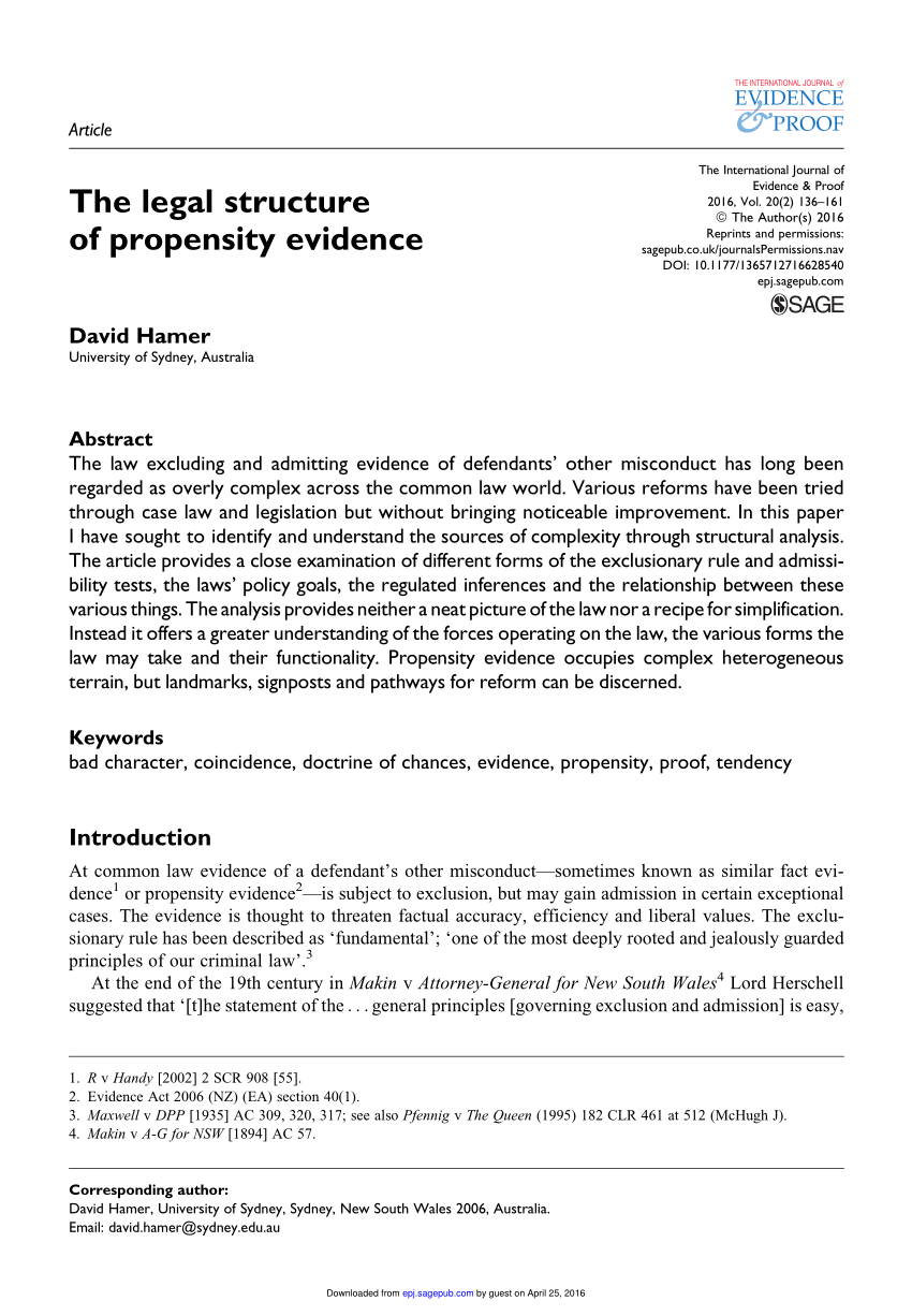 Pdf The Legal Structure Of Propensity Evidence