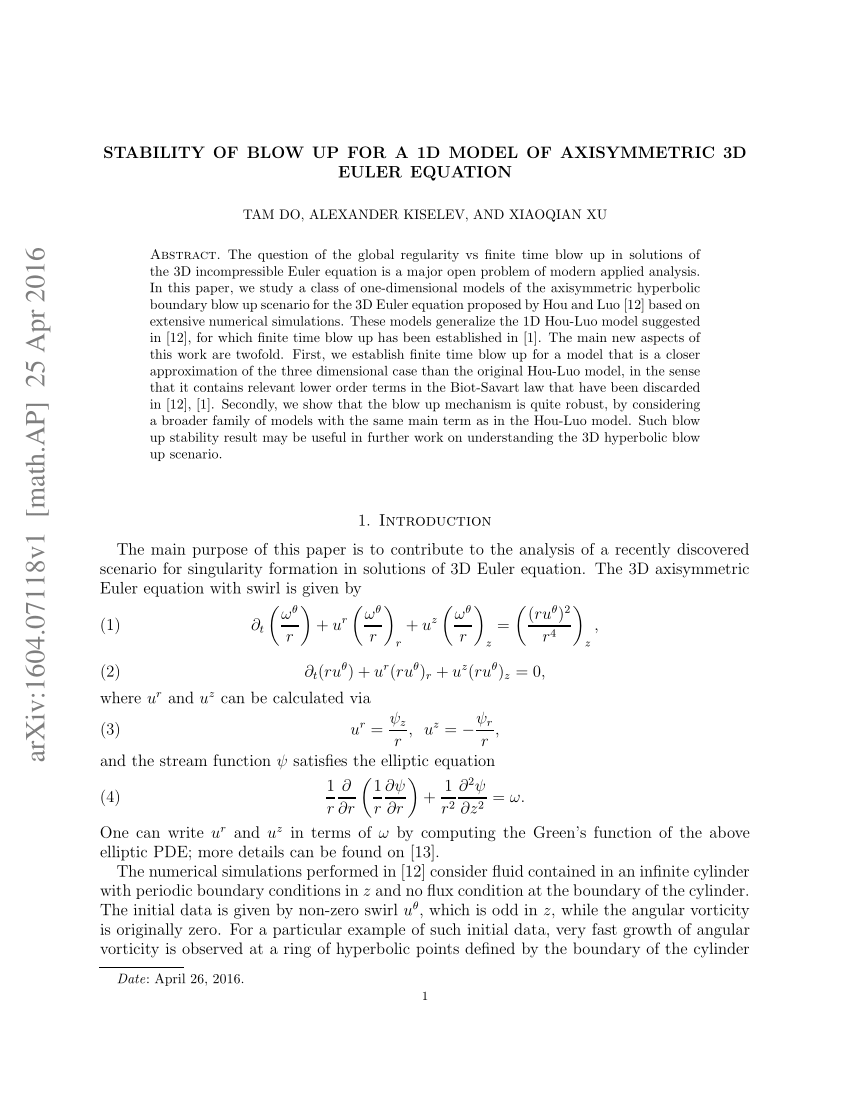 (PDF) Stability of Blow Up for a 1D model of Axisymmetric 3D Euler Equation