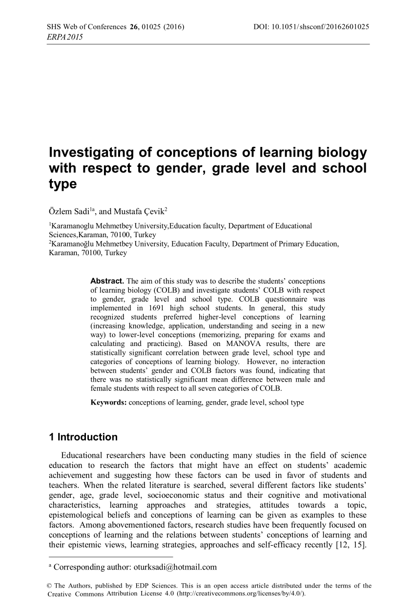 Pdf Investigating Of Conceptions Of Learning Biology With Respect To Gender Grade Level And 