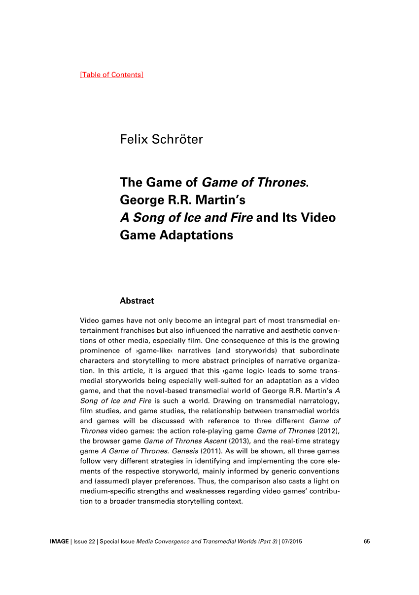 Pdf The Game Of Game Of Thrones George R R Martin S A Song Of Ice And Fire And Its Video Game Adaptations