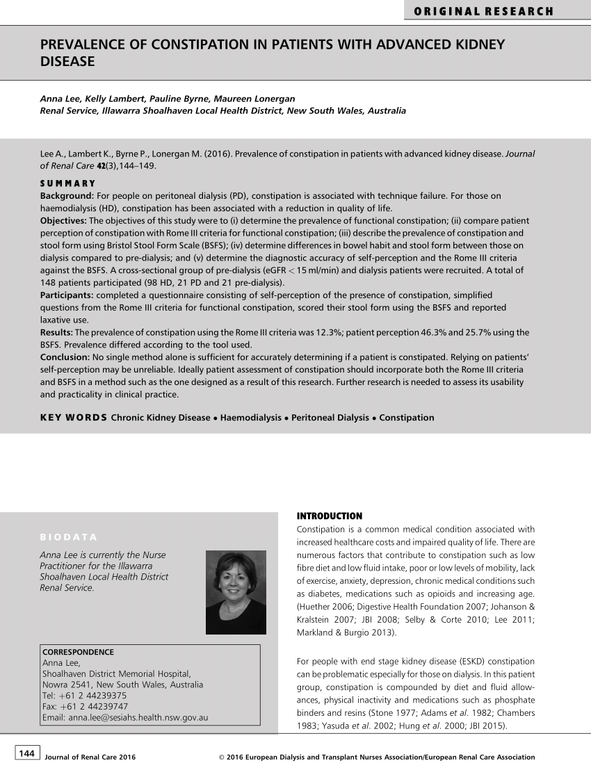 (PDF) Prevalence of constipation in patients with advanced kidney disease