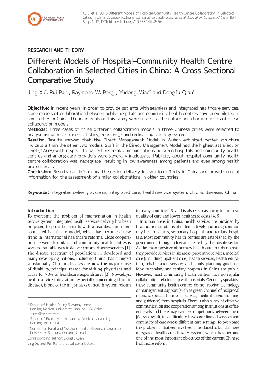 Pdf Different Models Of Hospital Community Health Centre Collaboration In Selected Cities In China A Cross Sectional Comparative Study