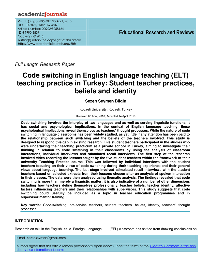 Pdf Code Switching In English Language Teaching Elt Teaching Practice In Turkey Student Teacher Practices Beliefs And Identity
