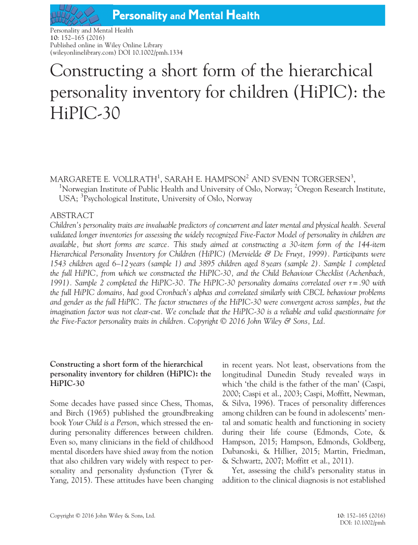 Pdf Constructing A Short Form Of The Hierarchical Personality Inventory For Children Hipic The Hipic 30