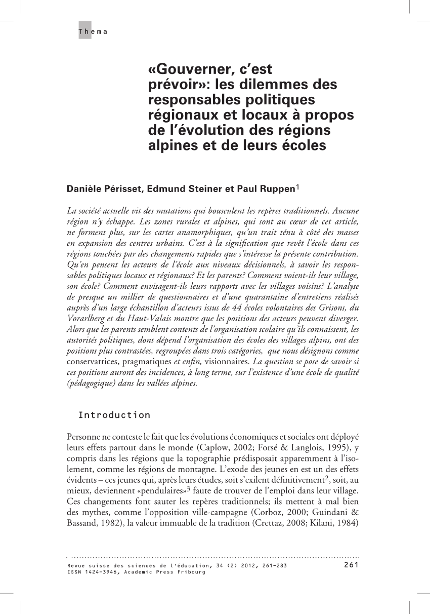 Pdf Gouverner C Est Prevoir Les Dilemmes Des Responsables Politiques Regionaux Et Locaux A Propos De L Evolution Des Regions Alpines Et De Leurs Ecoles