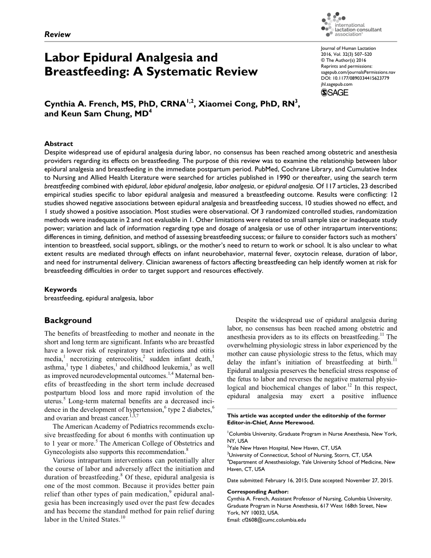 Pdf Labor Epidural Analgesia And Breastfeeding A Systematic Review