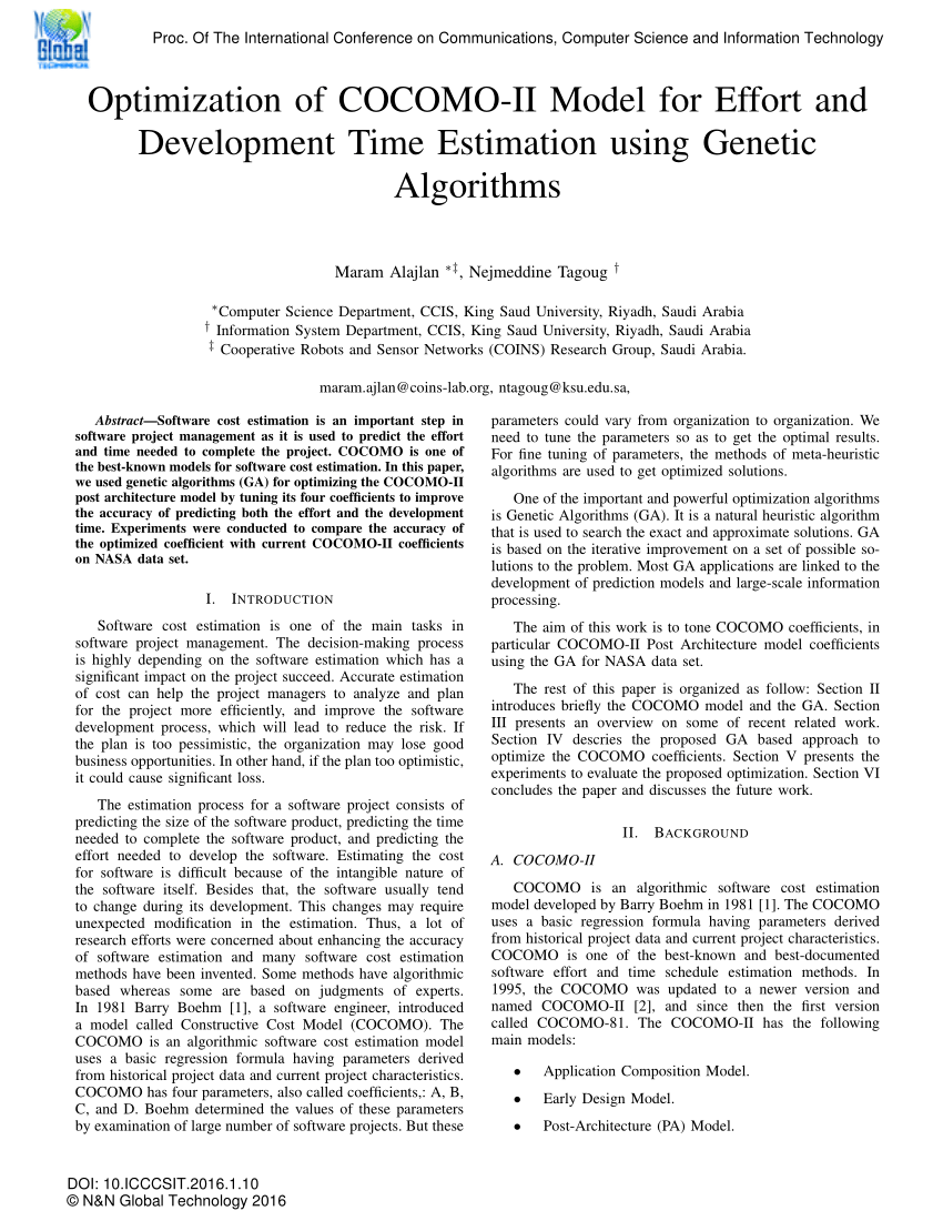 Pdf Optimization Of Cocomo Ii Model For Effort And Development Time Estimation Using Genetic Algorithms