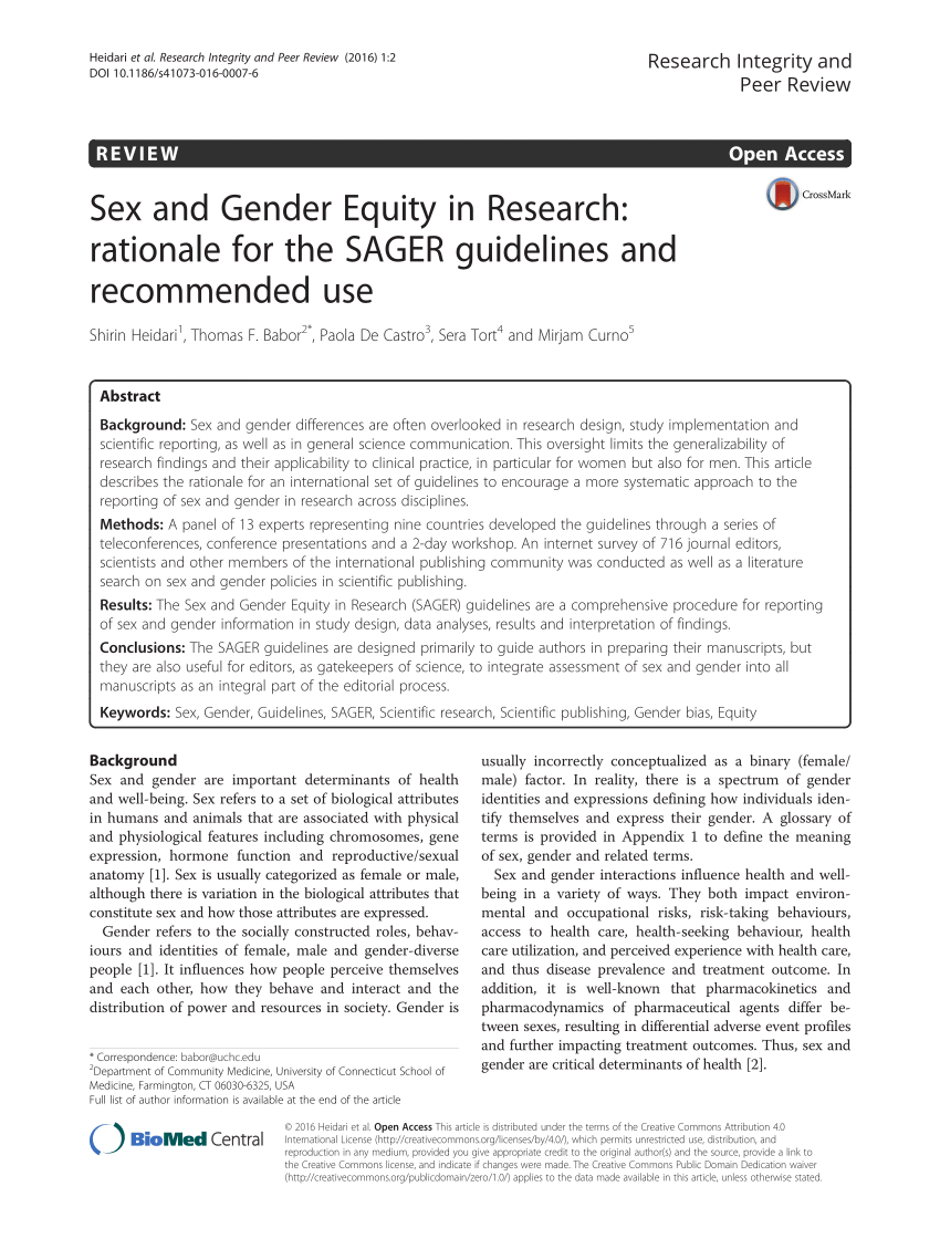 PDF) Sex and Gender Equity in Research: rationale for the SAGER guidelines  and recommended use