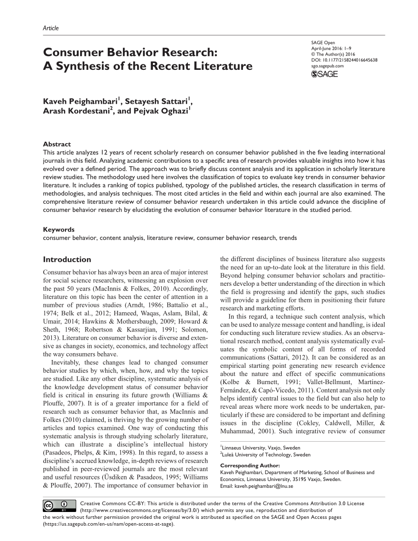 PDF) Consumer Behavior Research: A Synthesis of the Recent Literature