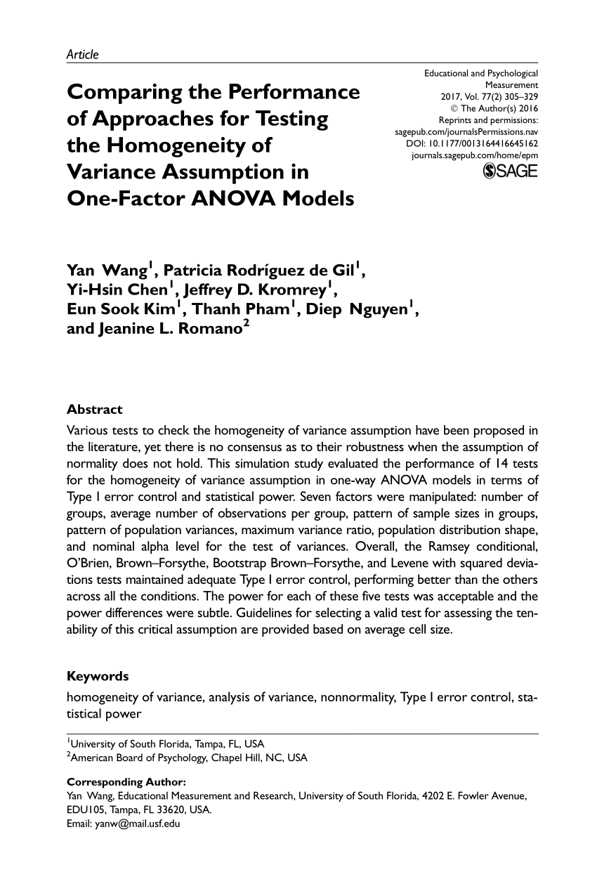 Pdf Comparing The Performance Of Approaches For Testing The Homogeneity Of Variance Assumption In One Factor Anova Models