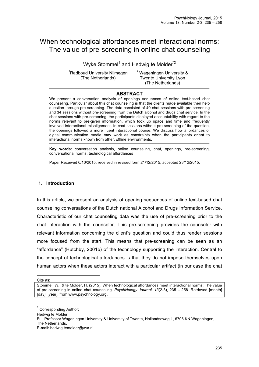 Pdf When Technological Affordances Meet Interactional Norms The Value Of Pre Screening In Online Chat Counseling