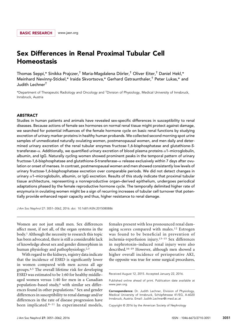 Pdf Sex Differences In Renal Proximal Tubular Cell Homeostasis