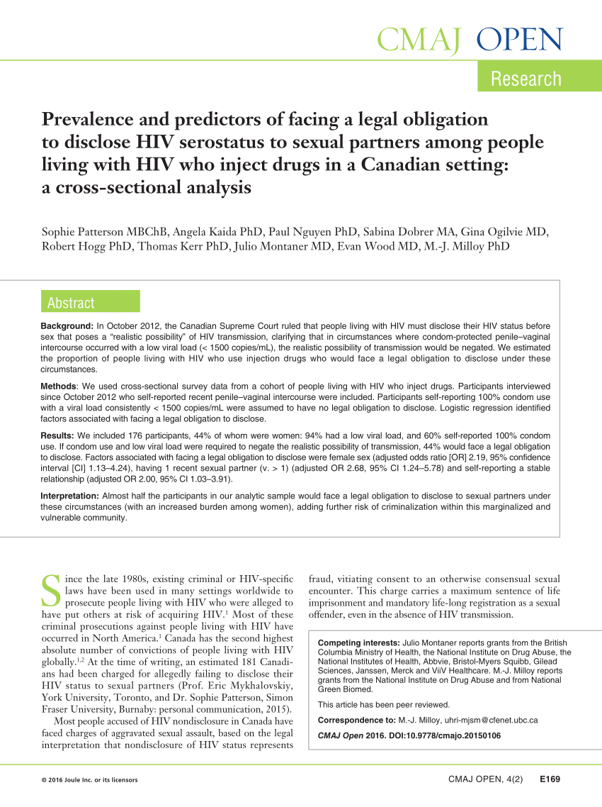 Pdf Prevalence And Predictors Of Facing A Legal Obligation To Disclose Hiv Serostatus To 7354