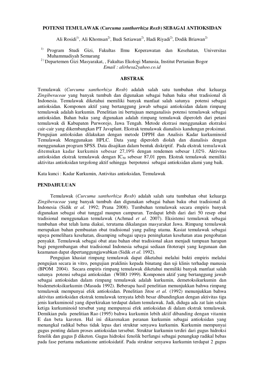 Pdf Potensi Temulawak Curcuma Xanthorrhiza Roxb Sebagai Antioksidan