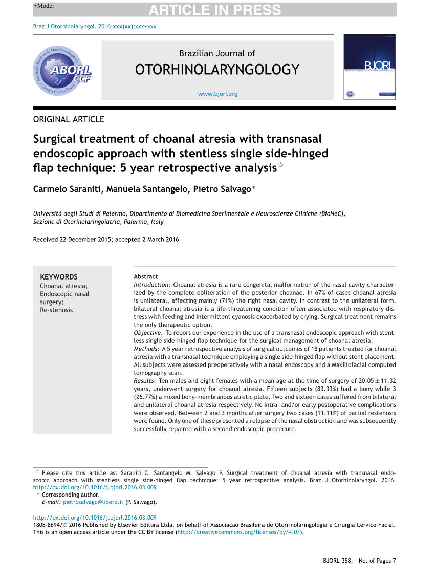 Pdf Surgical Treatment Of Choanal Atresia With Transnasal Endoscopic Approach With Stentless 