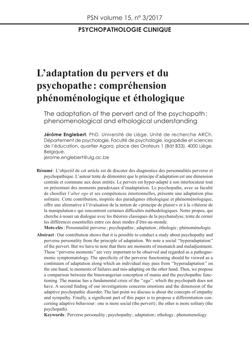 Pdf L Adaptation Du Pervers Et Du Psychopathe Comprehension Phenomenologique Et Ethologique