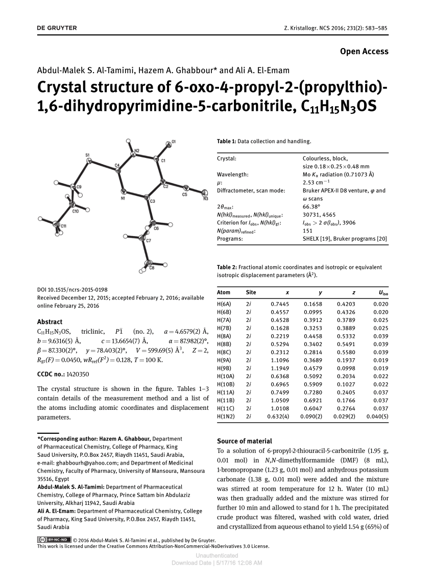 Pdf Crystal Structure Of 6 Oxo 4 Propyl 2 Propylthio 1 6 Dihydropyrimidine 5 Carbonitrile C11h15n3os