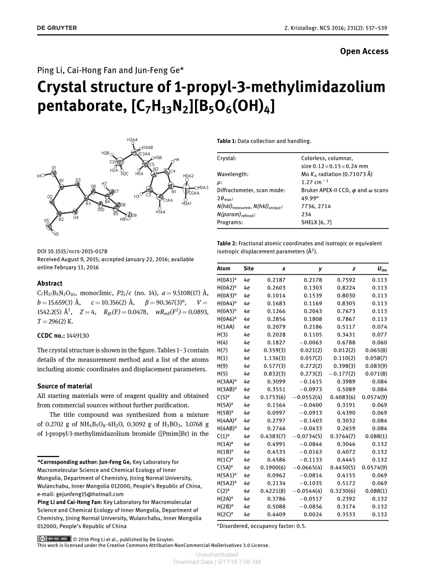 Pdf Crystal Structure Of 1 Propyl 3 Methylimidazolium Pentaborate C7h13n2 B5o6 Oh 4