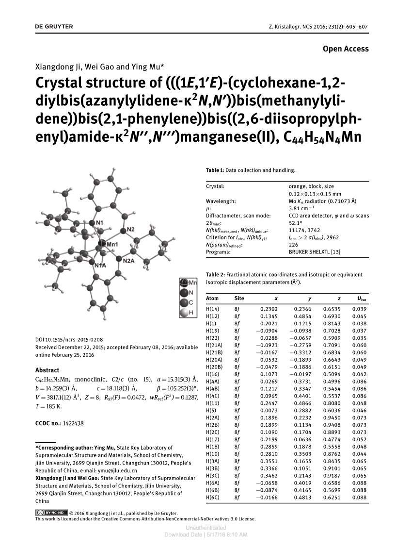 Pdf Crystal Structure Of 1e 1 E Cyclohexane 1 2 Diylbis Azanylylidene K2n N Bis Methanylylidene Bis 2 1 Phenylene Bis 2 6 Diisopropylphenyl Amide K2n N Manganese Ii C44h54n4mn