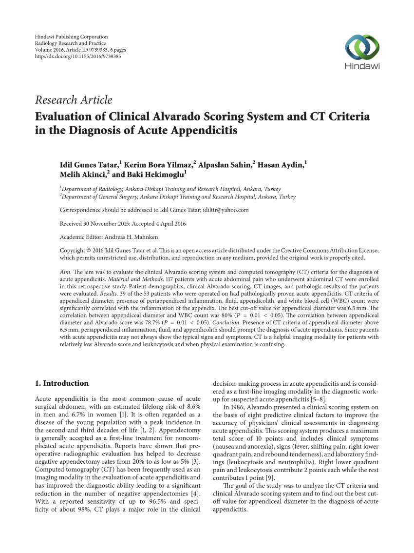 PDF) Evaluation of Clinical Alvarado Scoring System and CT Criteria in the Diagnosis of Acute Appendicitis image
