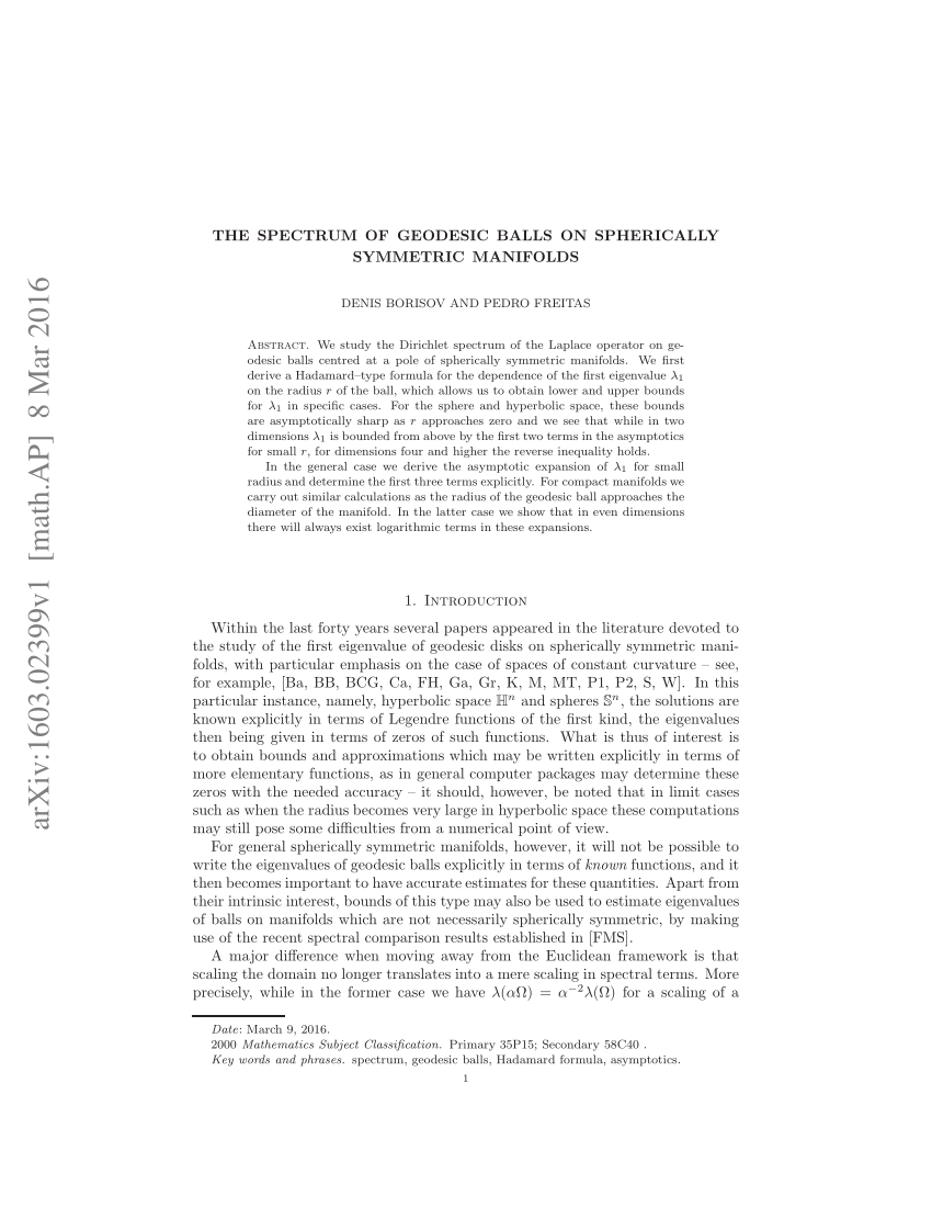 (PDF) The spectrum of geodesic balls on spherically symmetric manifolds