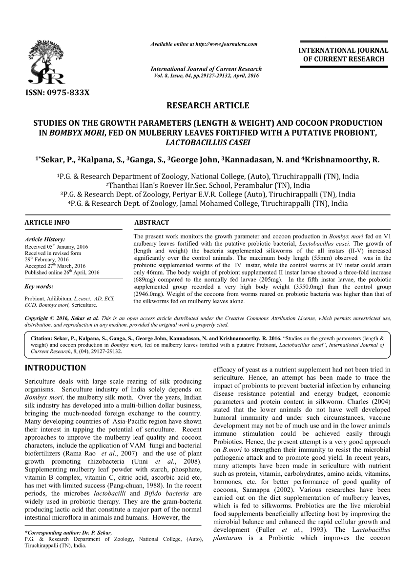 Pdf Studies On The Growth Parameters Length Weight And Cocoon Production In Bombyx Mori Fed On Mulberry Leaves Fortified With A Putative Probiont Lactobacillus Casei