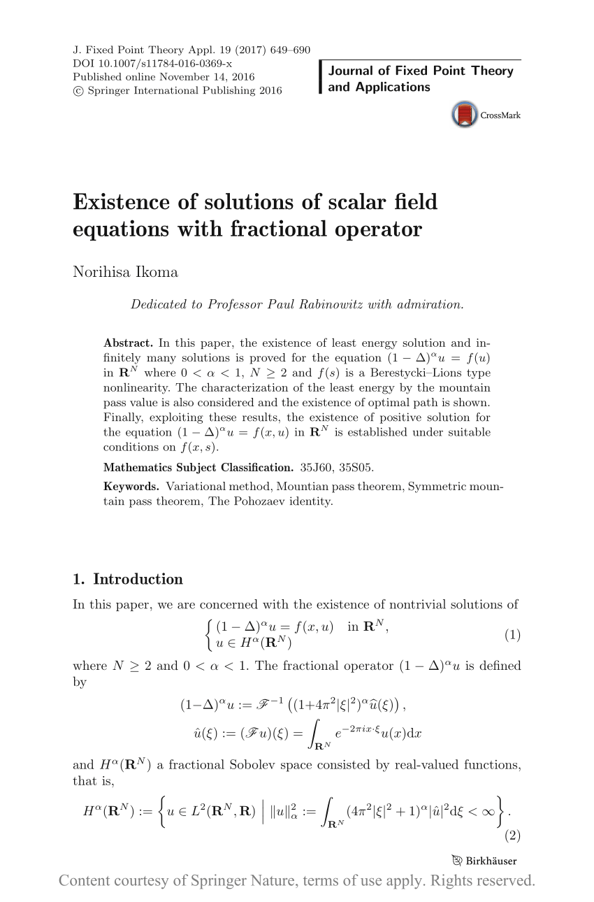 Existence Of Solutions Of Scalar Field Equations With Fractional Operator