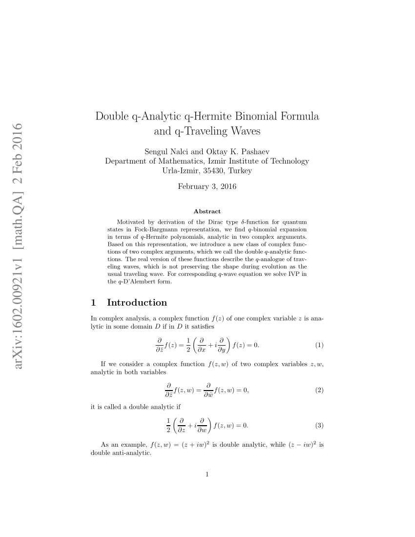 Pdf Double Q Analytic Q Hermite Binomial Formula And Q Traveling Waves