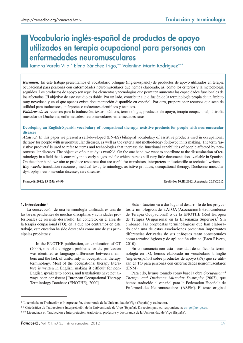 Pdf Vocabulario Ingles Espanol De Productos De Apoyo Utilizados En Terapia Ocupacional Para Personas Con Enfermedades Neuromusculares