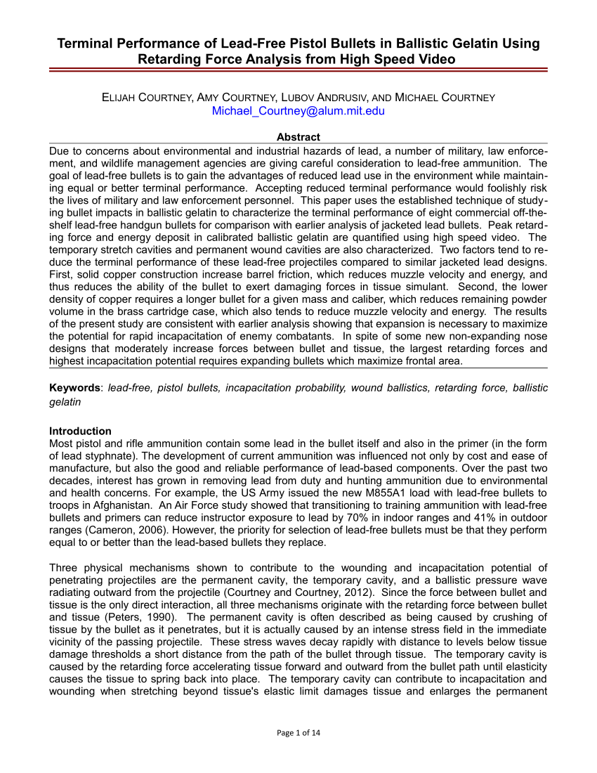 PDF) Terminal Performance of Lead-Free Pistol Bullets in Ballistic Gelatin  Using Retarding Force Analysis from High Speed Video