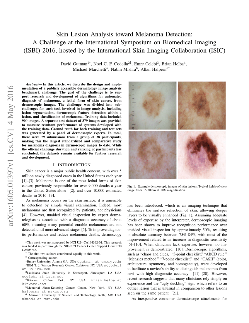 Pdf Skin Lesion Analysis Toward Melanoma Detection A Challenge At The International Symposium
