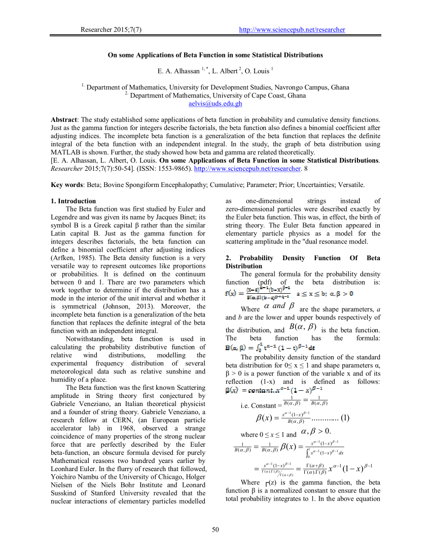 Pdf On Some Applications Of Beta Function In Some Statistical Distributions