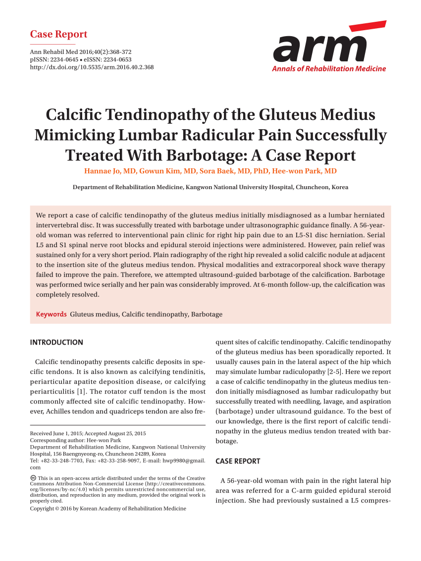 Pdf Calcific Tendinopathy Of The Gluteus Medius Mimicking Lumbar