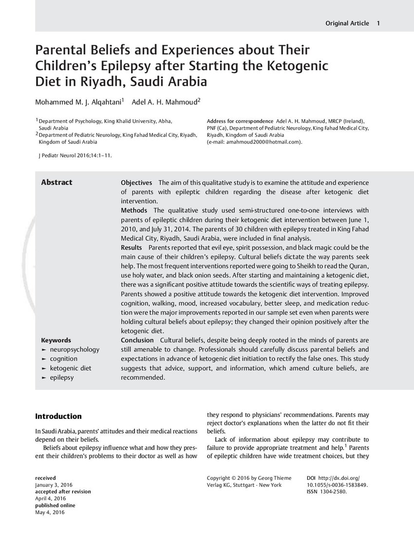 Pdf معتقدات وتجارب الوالدين حول صرع أطفالهم بعد بدء النظام الغذائي الكيتون في الرياض المملكة العربية السعودية